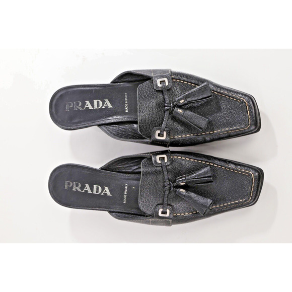 Vintage Prada Black Pebbled Leather Square Toe Mules Size 36 - Picture 3 of 14